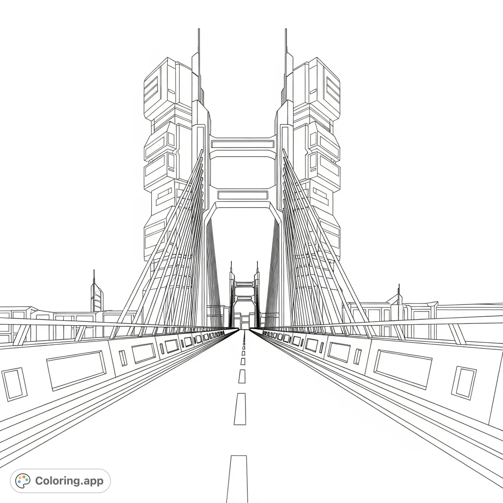 Embark on a journey to the future! This coloring page features a sleek futuristic bridge with luminous side rails and towering cityscape structures in the background.