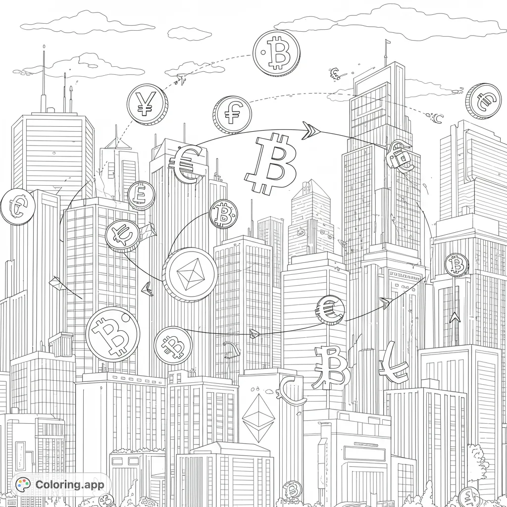 Explore a dynamic futuristic cityscape filled with floating cryptocurrency and fiat symbols, interconnected by lines of exchange. A complex, engaging coloring page.