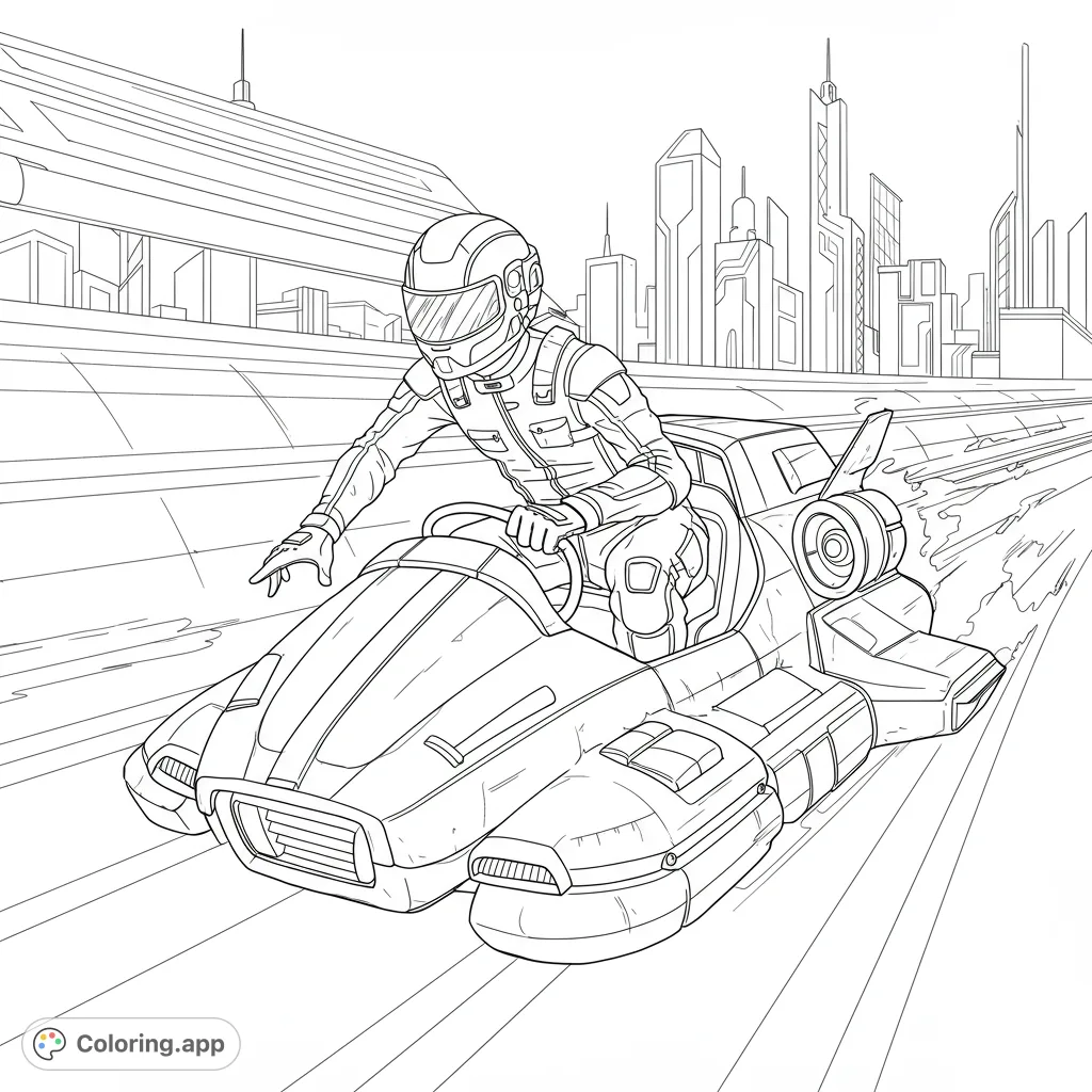 Dynamic futuristic cityscape coloring page featuring a speedster on a sleek hovercraft, perfect for sci-fi fans and speed enthusiasts.