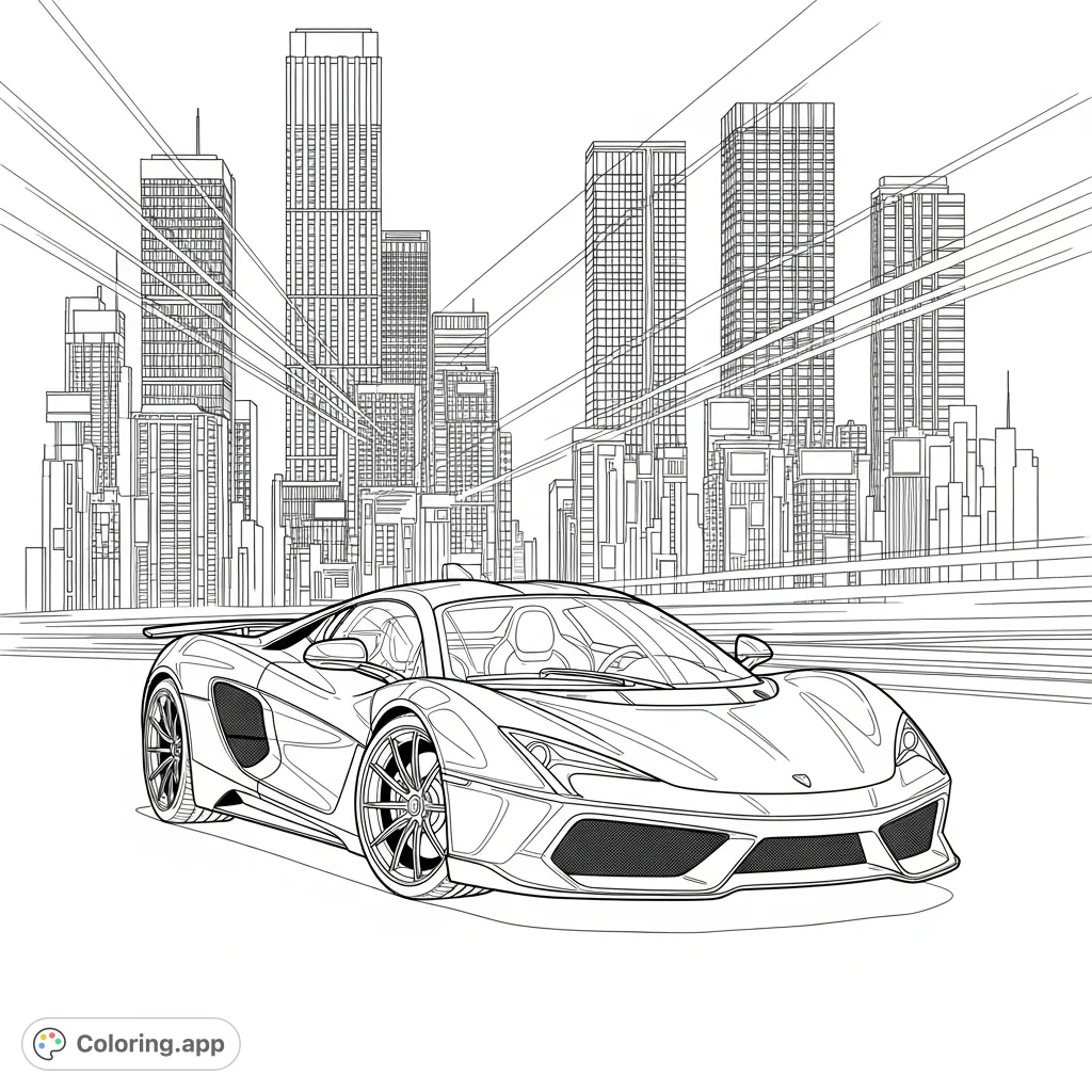 An aerodynamic sports car gleams under neon city lights. This dynamic futuristic cityscape coloring page offers intricate details and reflective surfaces for creative expression.