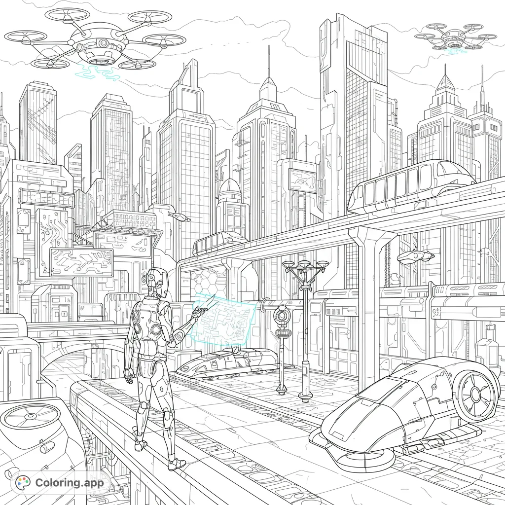 Explore a detailed futuristic cityscape coloring page featuring a robot, hover cars, and towering skyscrapers. A free printable for all ages.