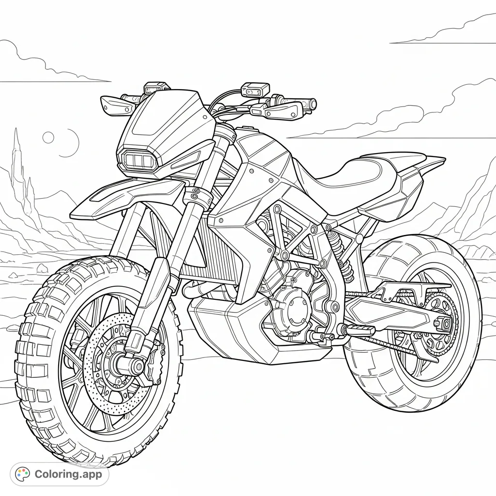 An intricate futuristic dirt bike design with an angular frame and massive knobby tires, set against a desolate, alien landscape.