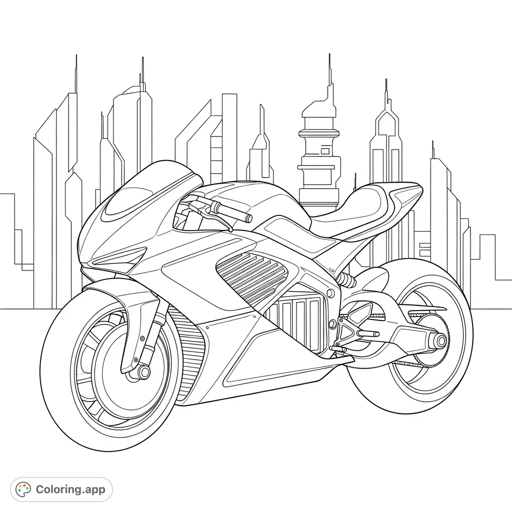 Color a high-tech electric sportbike with sleek curves and integrated lights, set against a backdrop of simplified, geometric futuristic city buildings.