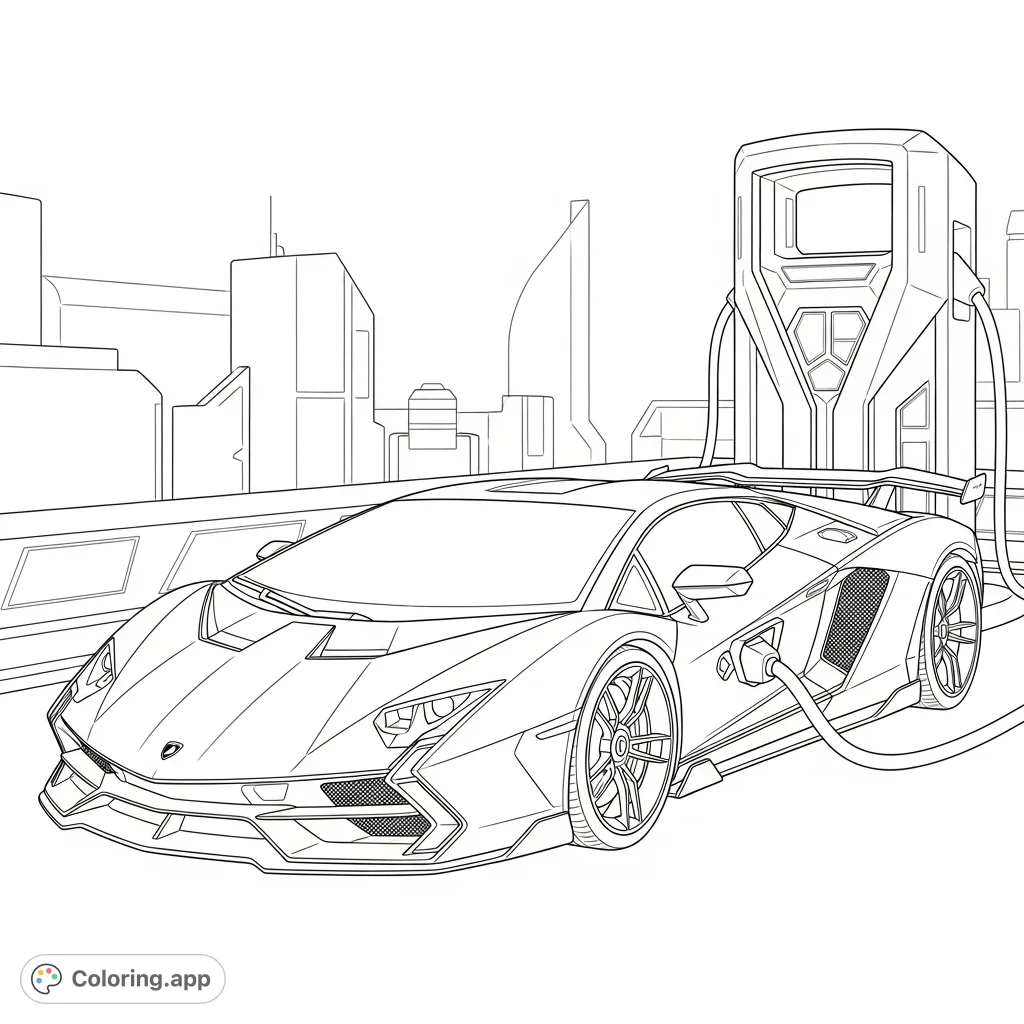 A powerful, Lamborghini-inspired electric supercar recharges at a sleek, futuristic station with simplified cables and glowing panels.