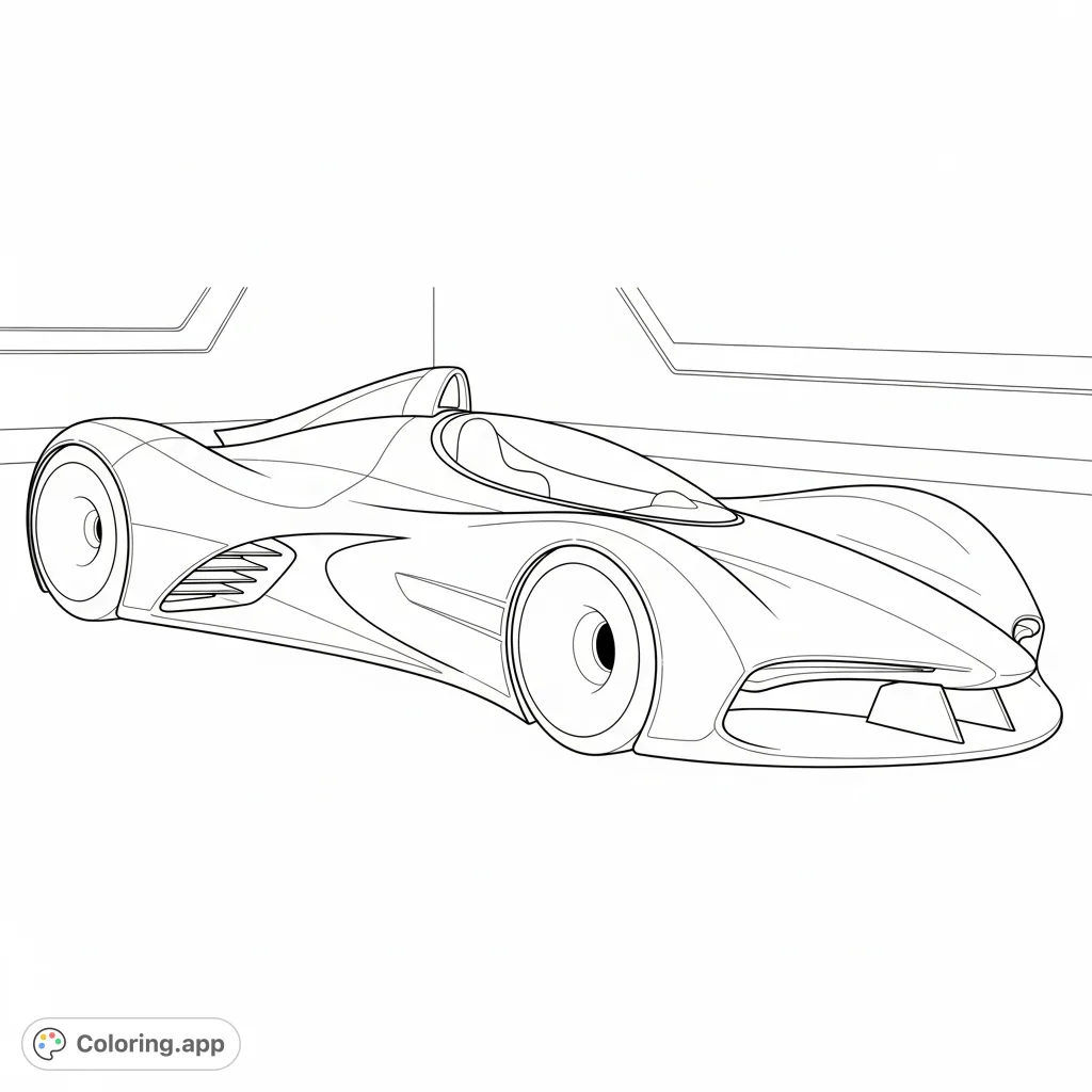 Dive into the future with this sleek F1-style concept car coloring page. Featuring enclosed wheels and smooth curves, perfect for any tech enthusiast.