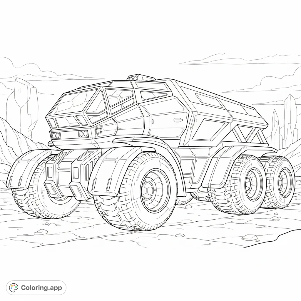 Explore the future of transport with this heavy hauler coloring page. Featuring sleek geometric bodywork, oversized wheels, and a rugged design.