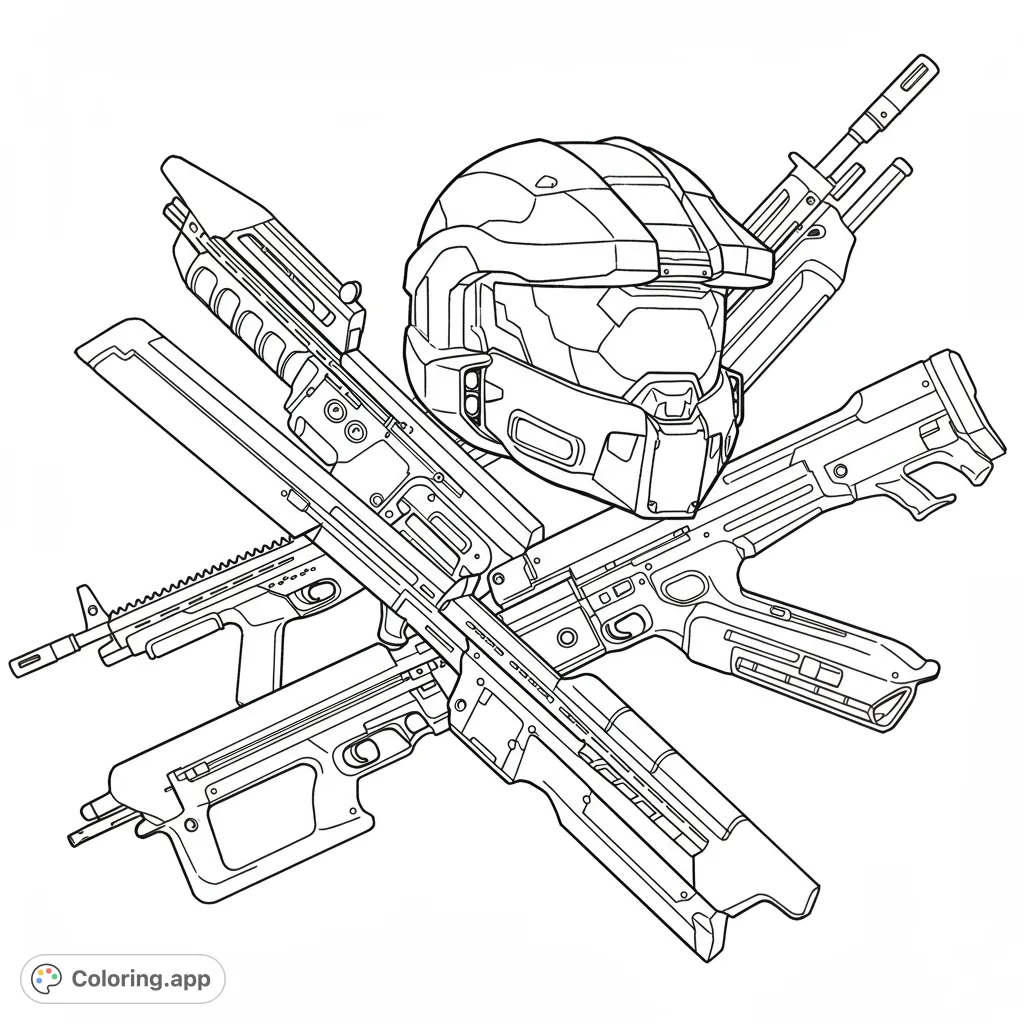An epic futuristic helmet with crossed sci-fi weapons. A detailed free printable futuristic coloring page for fans of action and adventure.