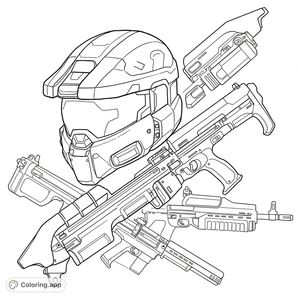 Gear up for action with this futuristic weaponry coloring page! Features a detailed combat helmet and an arsenal of sci-fi firearms, perfect for fans of epic battles.