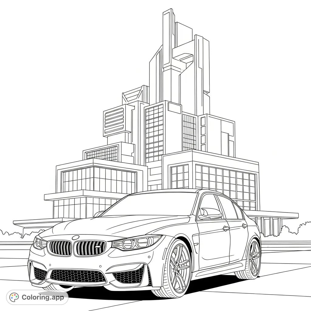 A sleek G80-style M3 car is parked against a backdrop of a bold, futuristic building silhouette. Features sharp lines and a modern urban vibe.
