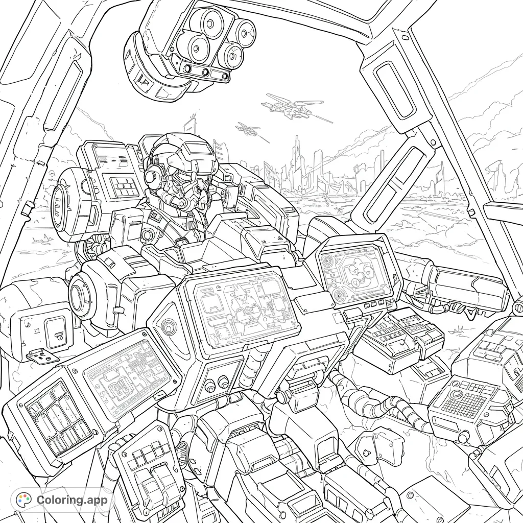 Pilot in a futuristic mech cockpit, surrounded by intricate controls and screens, overlooking a sprawling sci-fi cityscape with flying vehicles.