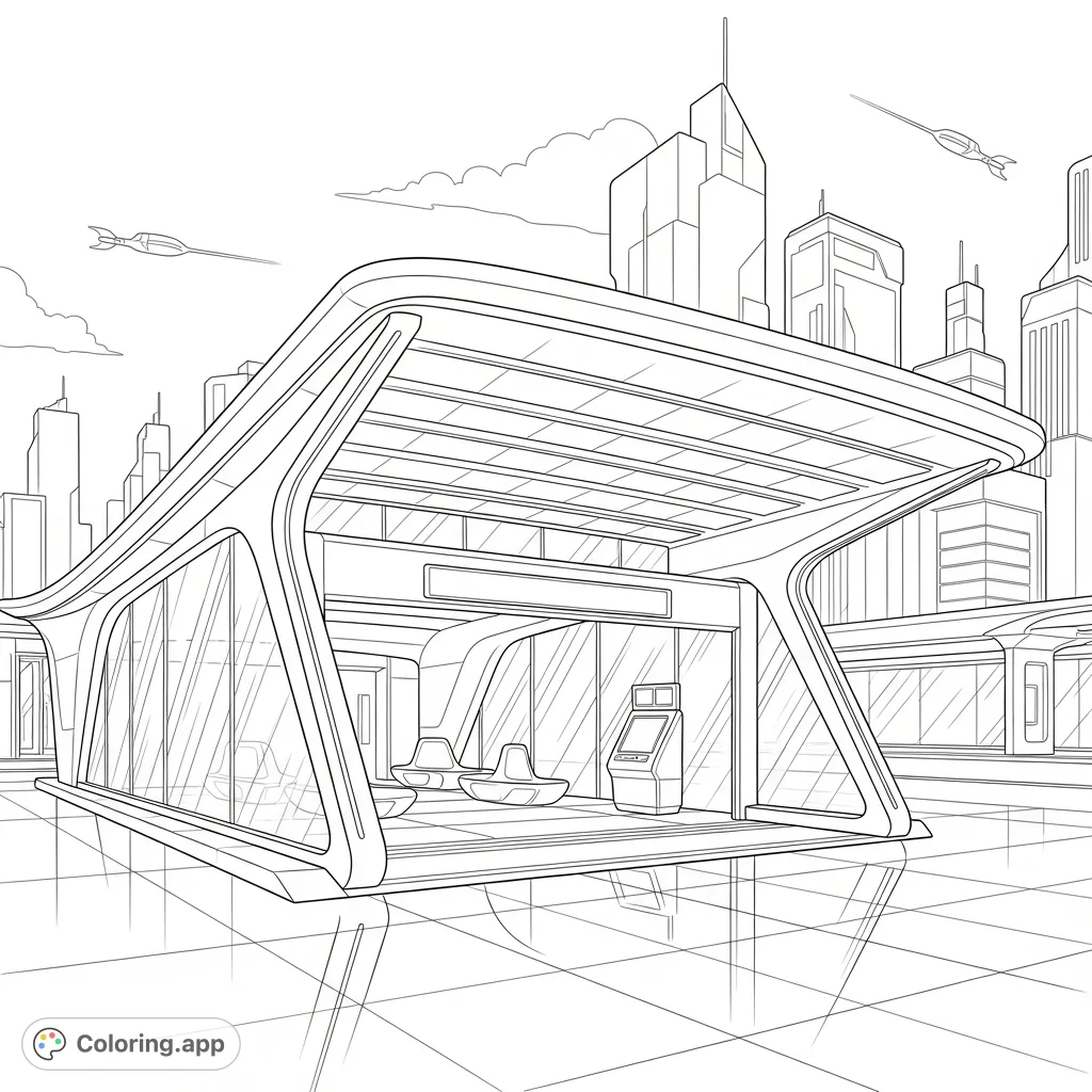 An exciting coloring page featuring a simplified futuristic metro station with a curved canopy, glass panels, and a sleek urban backdrop.