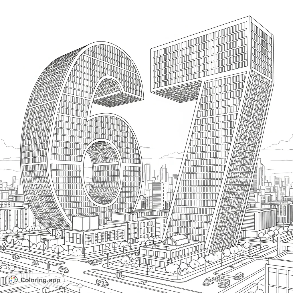 A colossal futuristic city skyline at dawn with skyscrapers shaped like numbers '6' and '7', intricate geometric details, and bustling streets below.