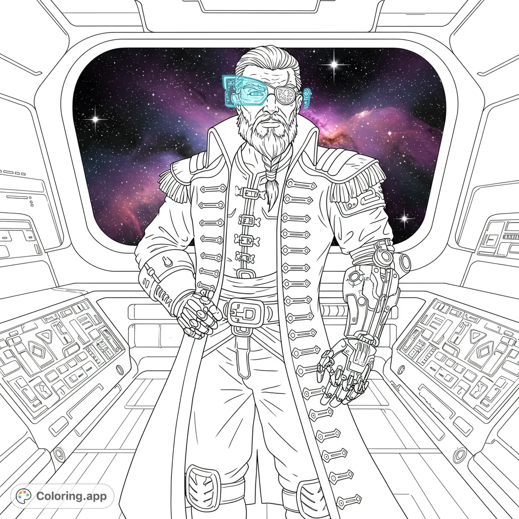 Explore a futuristic pirate captain in his spaceship cockpit, featuring a bionic arm, ornate coat, and a starry nebula background. A thrilling sci-fi adventure awaits!
