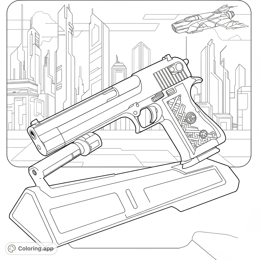 A detailed futuristic pistol on a sleek stand, set against a towering sci-fi cityscape with a soaring spaceship. A free printable coloring page.