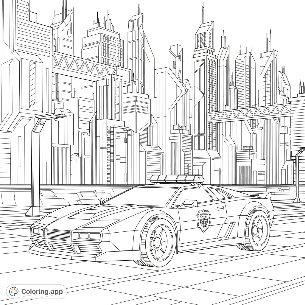 Explore a detailed coloring page featuring a sleek police car parked amidst a towering, geometrically designed futuristic city. Intricate urban details await your creative touch!