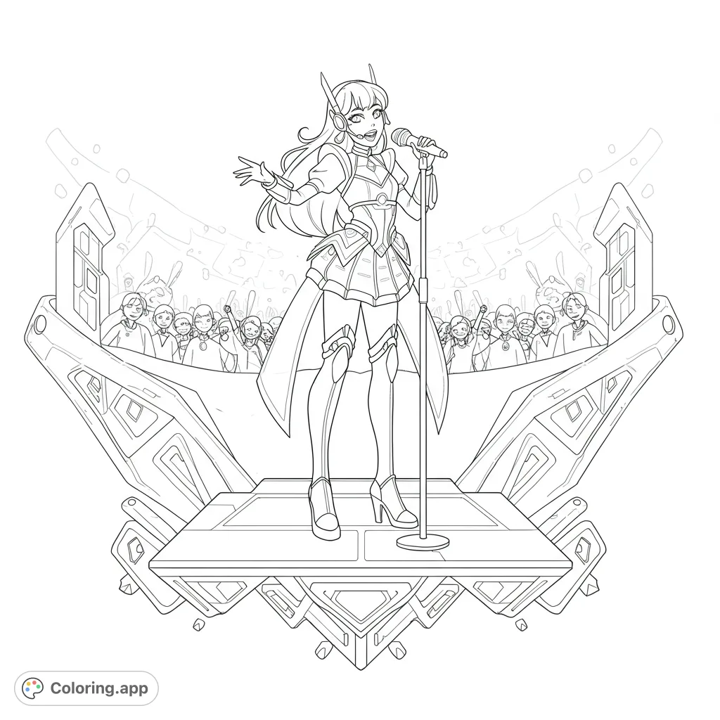 Dynamic futuristic pop star on stage, singing to a cheering crowd. Intricate outfit and sci-fi stage elements make this a vibrant concert coloring page.