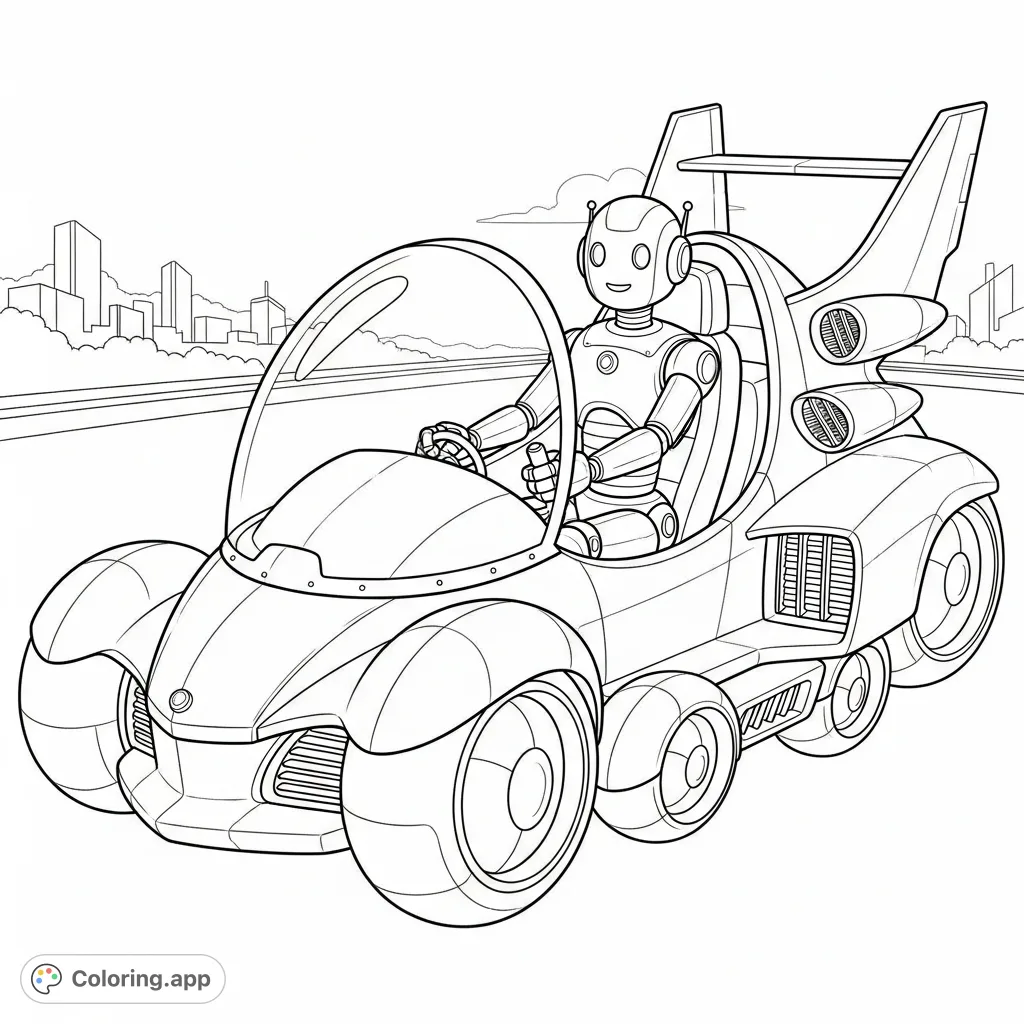 A detailed coloring page featuring a friendly humanoid robot confidently driving a sleek, open-cockpit futuristic vehicle through a stylized cityscape.