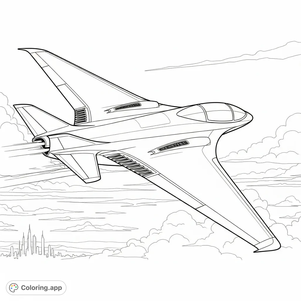 An advanced futuristic airplane with sleek lines and innovative wing designs soars through the sky, ready for creative coloring.