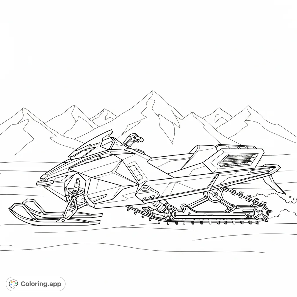 Color a sleek, angular futuristic snowmobile with robust tracks against a backdrop of minimalist mountain peaks and snowy terrain. Explore a high-tech winter scene.