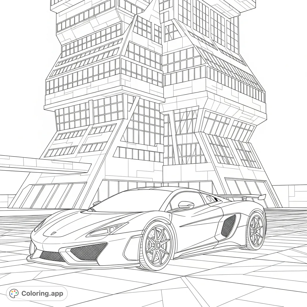 Color a sleek supercar against a backdrop of a towering, geometrically complex futuristic building. Perfect for car enthusiasts and architecture lovers.