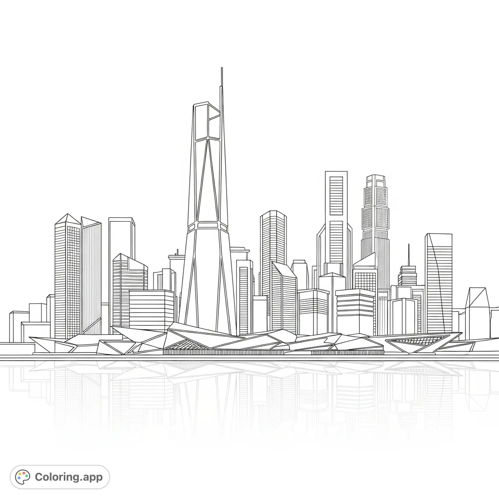 A detailed coloring page featuring a futuristic waterfront skyline with towering tapered and sleek angular buildings, beautifully reflected in the calm water below.