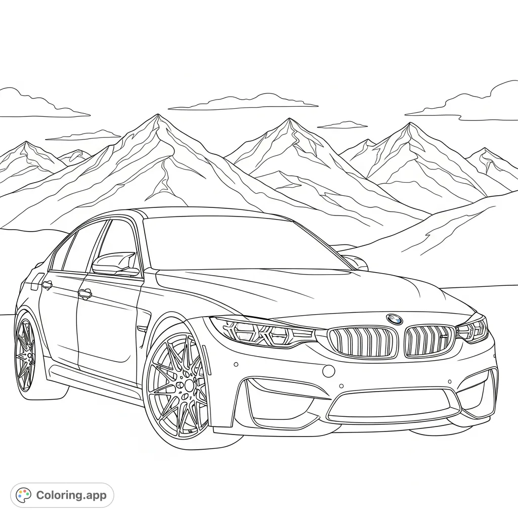 Color a G80-style BMW M3 with striking carbon-fiber elements against a dramatic, multi-layered mountain backdrop. Unleash your creativity!