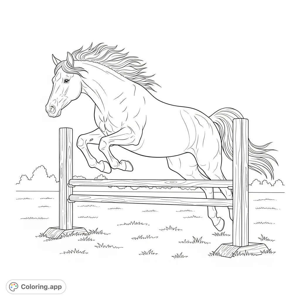 Capture the dynamic energy of a horse leaping over a hurdle. A graceful equine in powerful motion, perfect for animal lovers to bring to life.