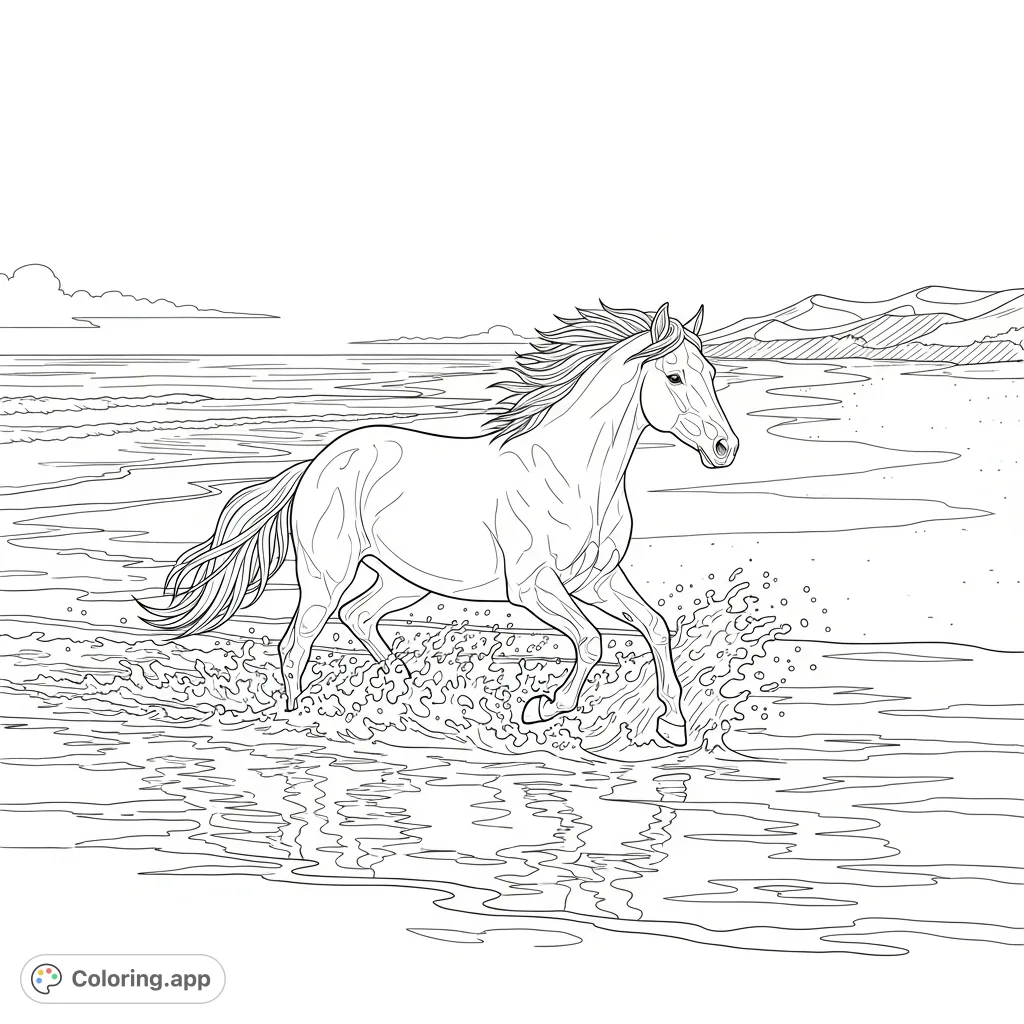 A majestic horse gallops through shallow ocean water on a serene beach, creating dynamic splashes. Perfect for animal lovers and nature enthusiasts.