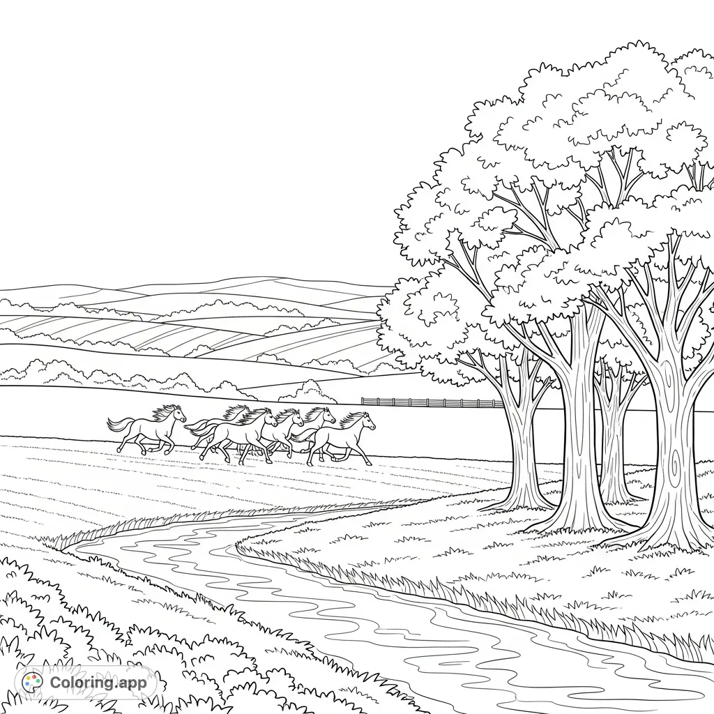 Capture the serenity of a farm landscape with this free printable coloring page. A herd of horses gallops across fields with winding streams and trees.