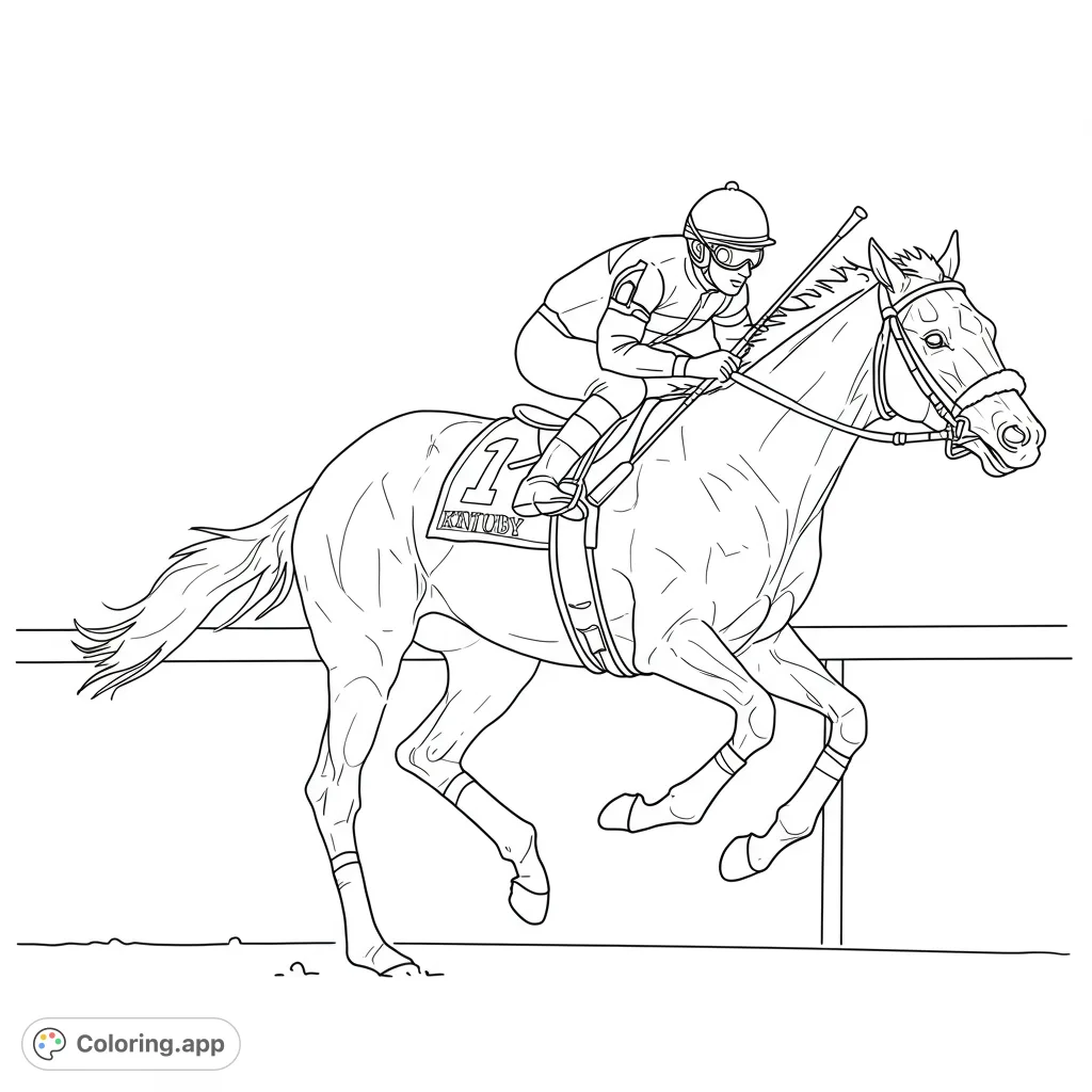 Dynamic racehorse and jockey in full gallop, ready for vibrant colors. A thrilling free printable horse racing coloring page for all ages.