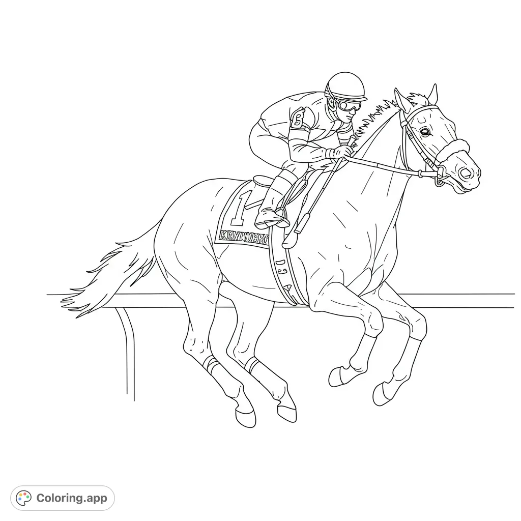 Dynamic racehorse and jockey in full gallop. A thrilling horse racing coloring page, perfect for all ages. Free printable for equestrian fans!
