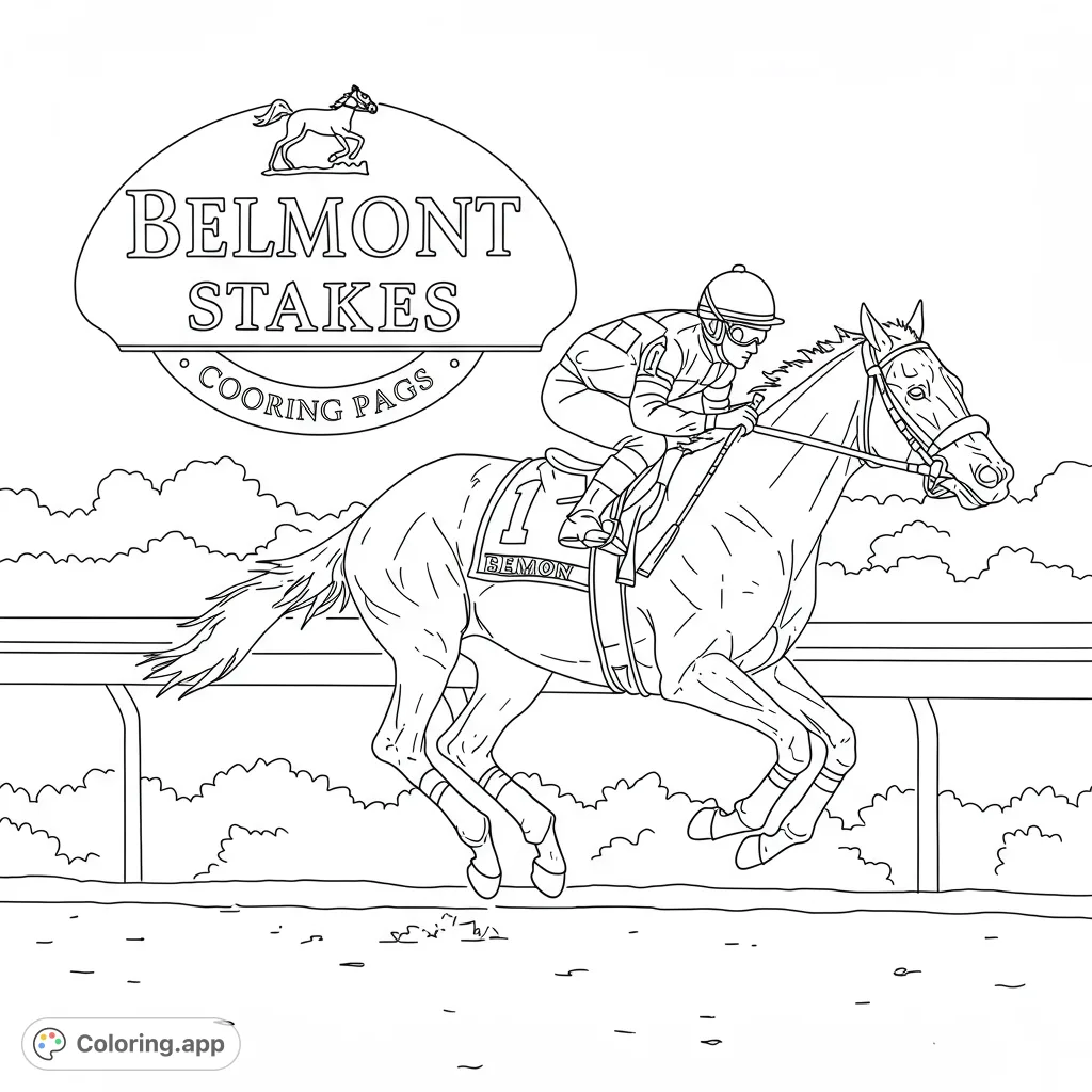 Dynamic horse racing coloring page featuring a powerful racehorse and jockey in full gallop. A thrilling free printable coloring page for all ages.