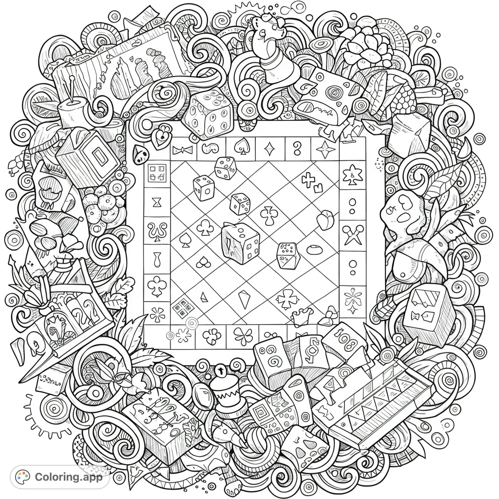 Dive into a detailed board game coloring page featuring a central game board, scattered dice, and a whimsical border of game pieces and cards. Perfect for all ages!
