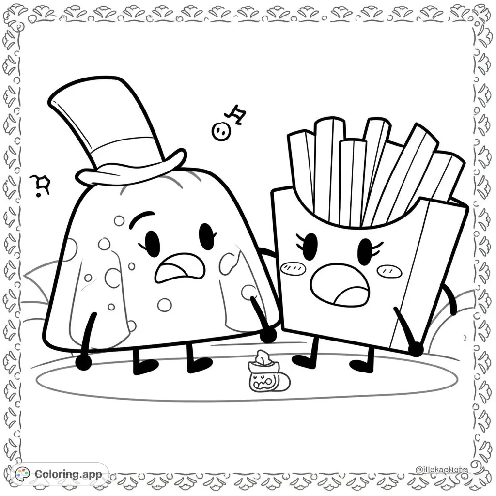 Dive into the world of BFDI with Gelatin and Fries! A fun, cartoony coloring page featuring exaggerated expressions and bold outlines, perfect for fans.