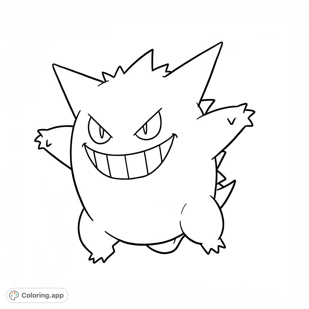 A fun Gengar coloring page featuring the iconic ghost Pokémon with a wide, mischievous grin. Perfect for fans of all ages to bring to life!