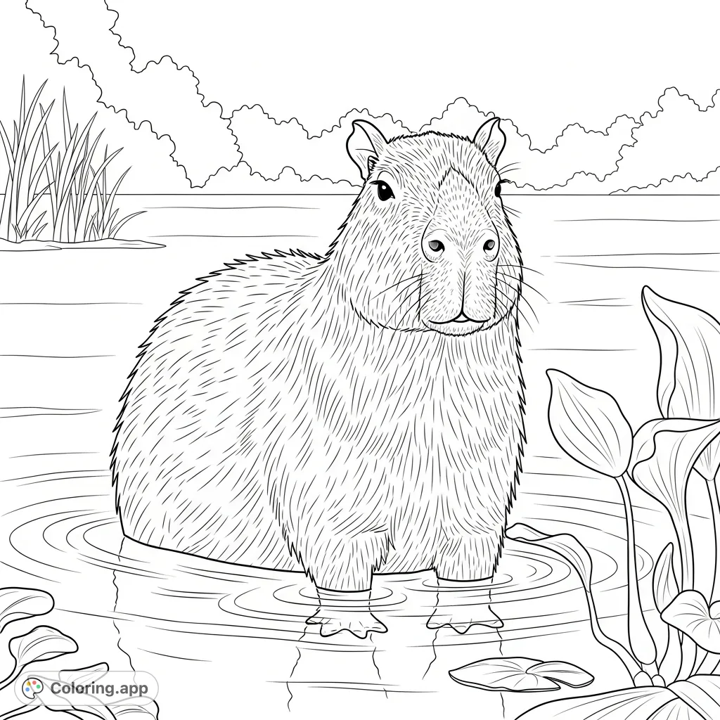 A calm capybara stands in shallow water amidst gentle ripples and aquatic plants. A serene nature scene, perfect for detailed coloring.