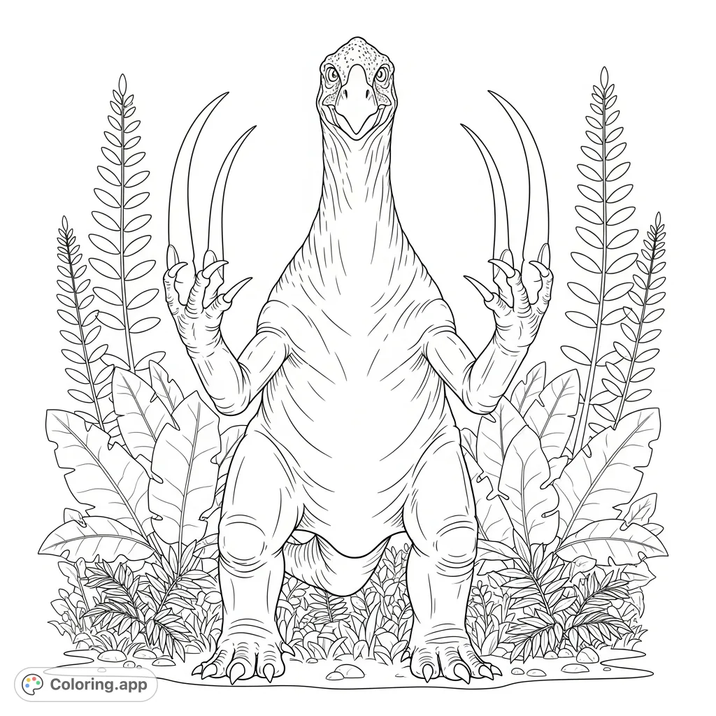 A magnificent Therizinosaurus with its iconic long claws displayed gently, set amidst simplified prehistoric foliage, ready for creative coloring.