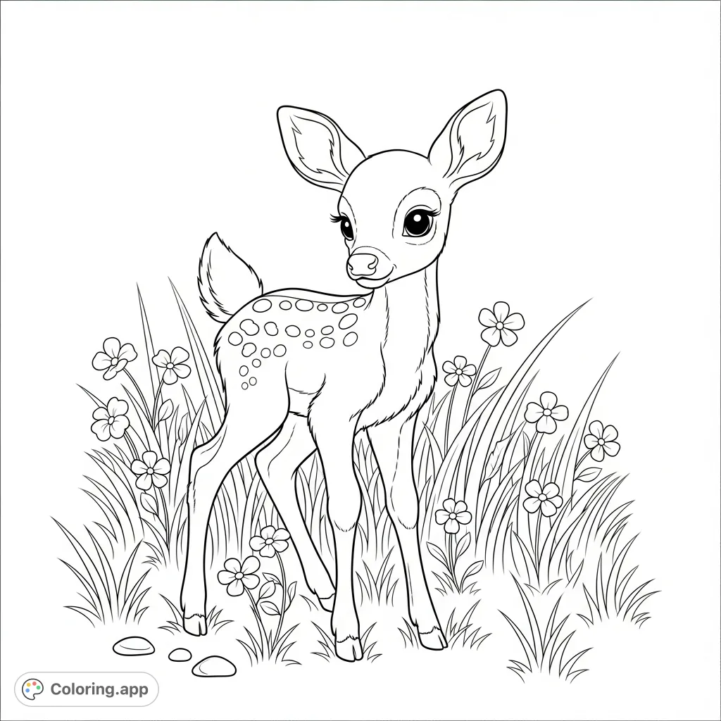 A sweet baby deer with large, gentle eyes stands in a vibrant meadow, surrounded by delicate flowers and lush grass. A charming scene for tranquil coloring.