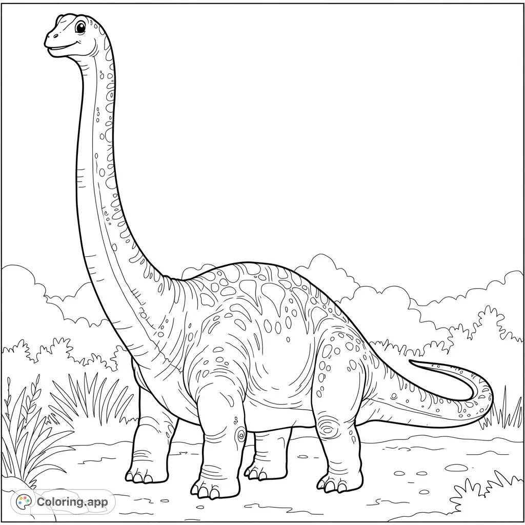 A friendly Brontosaurus stands tall in a prehistoric landscape, ready for vibrant colors. A fun, free printable dinosaur coloring page for kids.