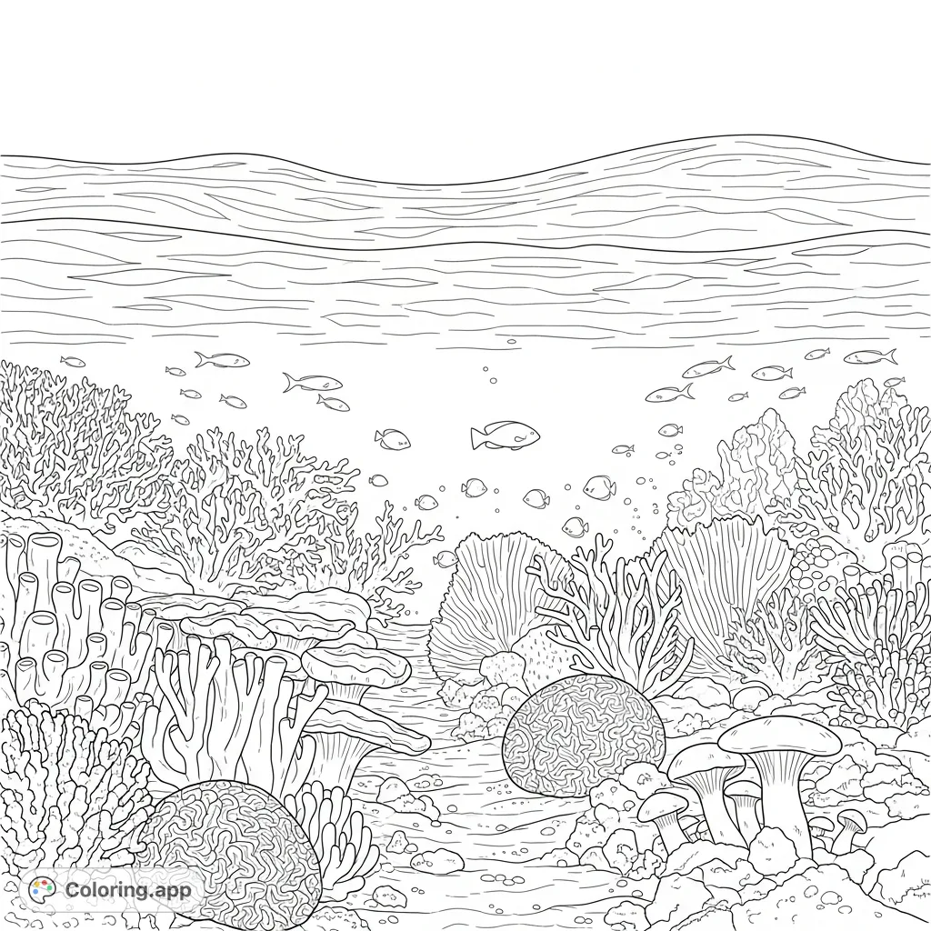 Immerse yourself in a serene reef shallows scene. Gentle waves ripple above diverse coral shapes and subtle marine life silhouettes, inviting peaceful coloring.