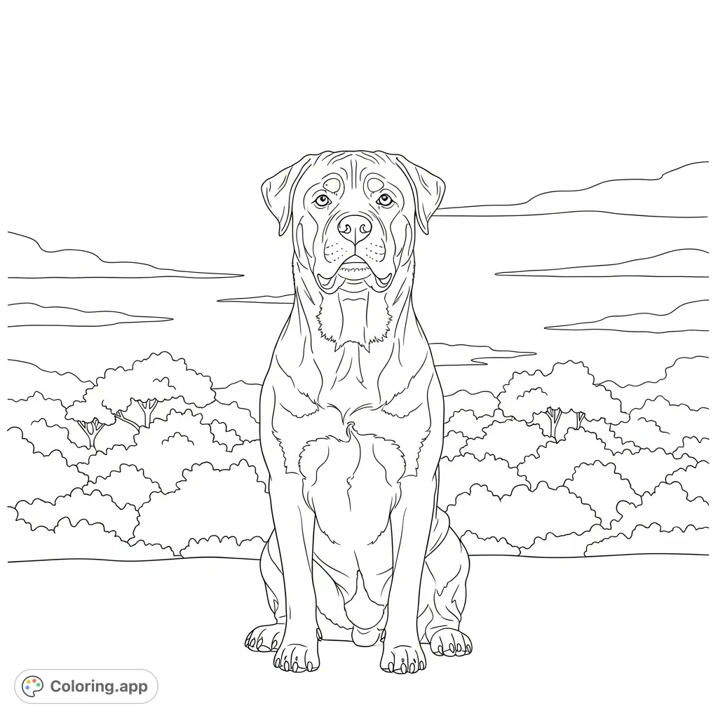 A detailed coloring page featuring a gentle Rottweiler sitting calmly with front paws together, set against a simplified backdrop of trees and sky.