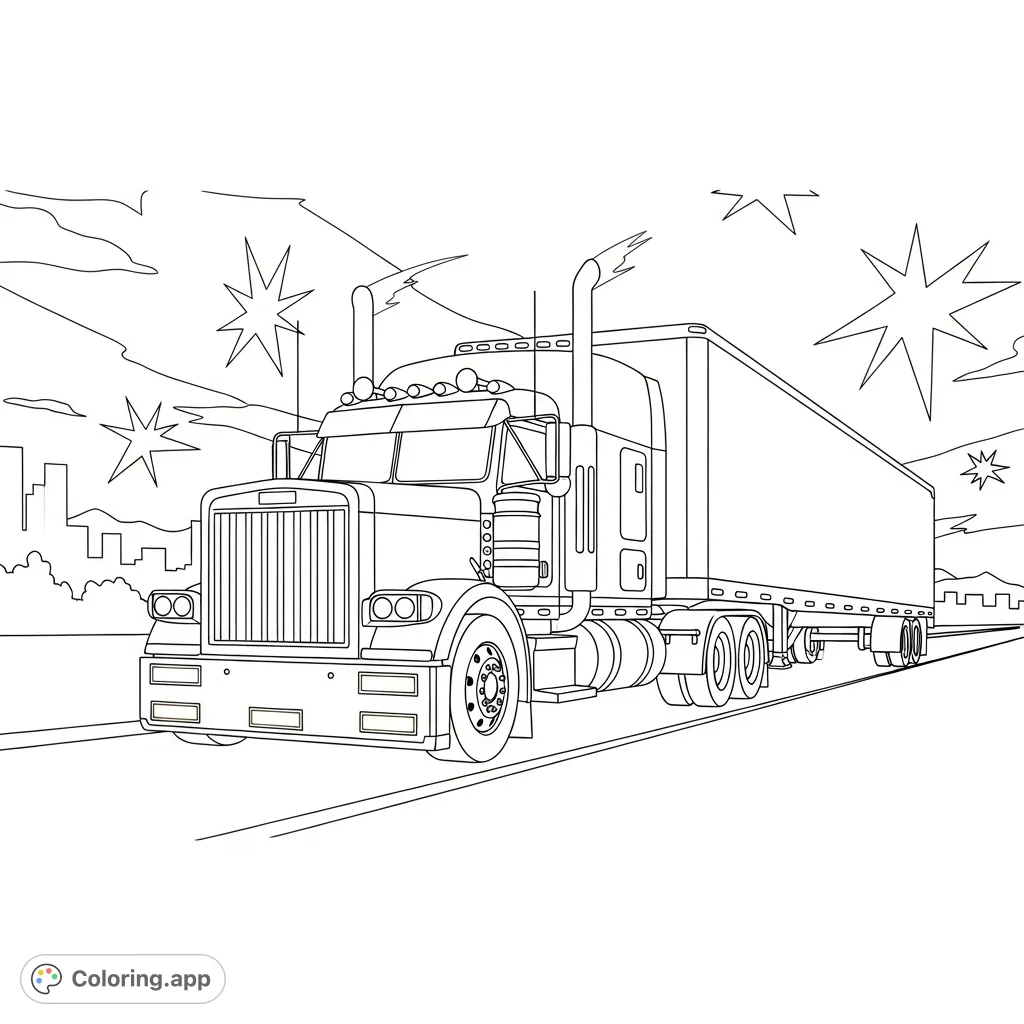A detailed big rig truck, illuminated by geometric LED-style lights, drives under a starry night sky with simplified city or mountain shapes in the distance.