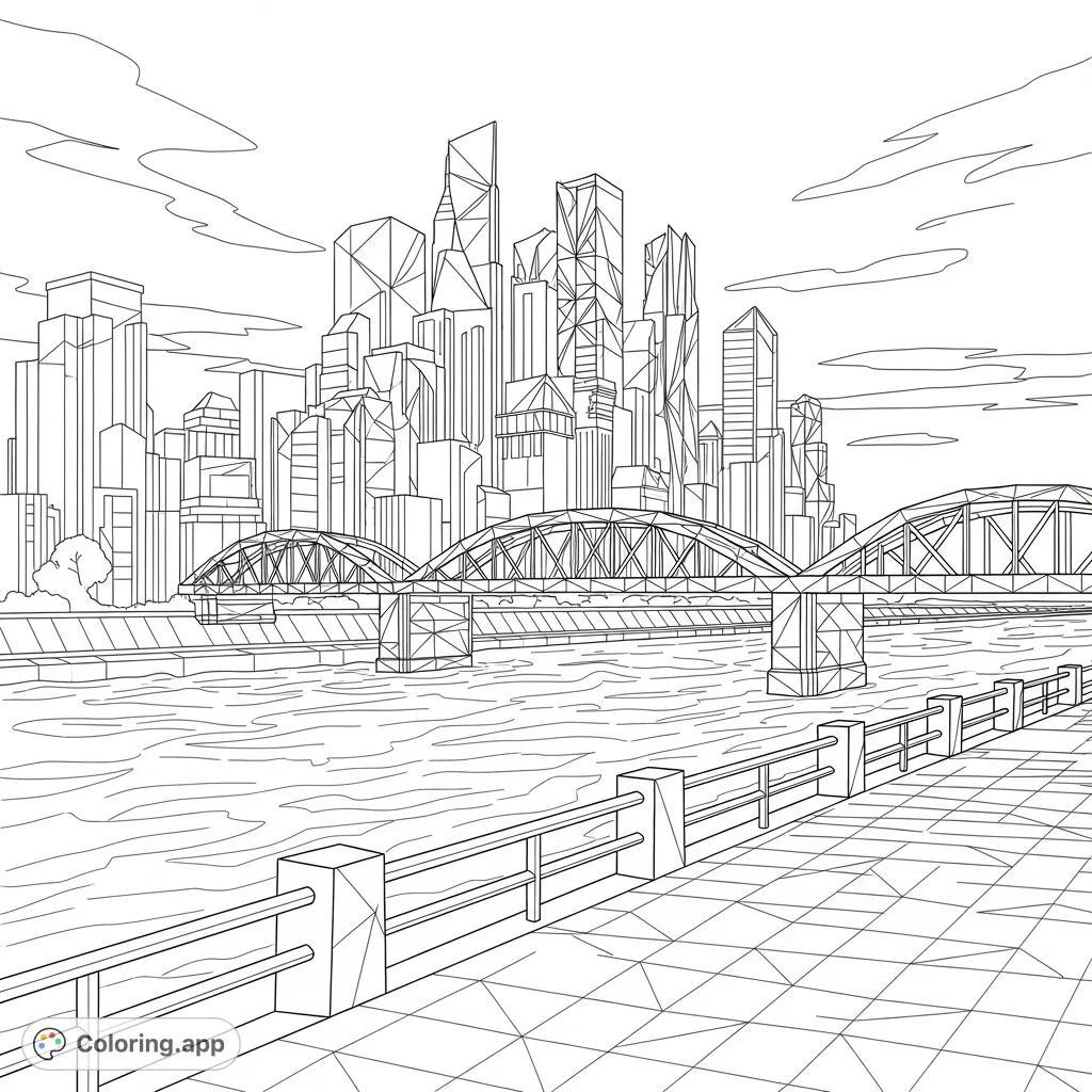 An intricate geometric cityscape featuring a river embankment, angular bridges, and a detailed skyline for a modern coloring experience.