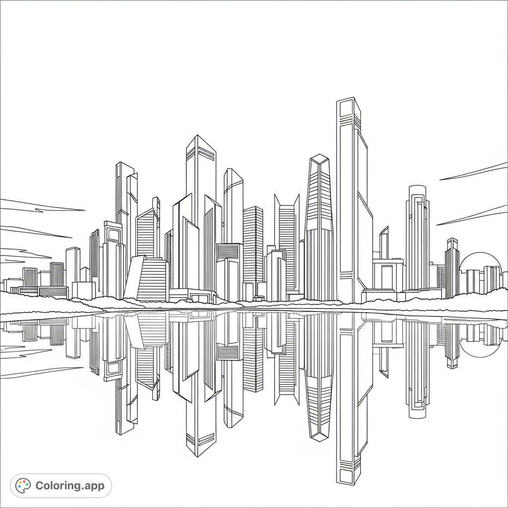Color a dynamic city skyline at sunset, featuring geometric buildings mirrored perfectly in a calm river. A modern urban landscape awaits.