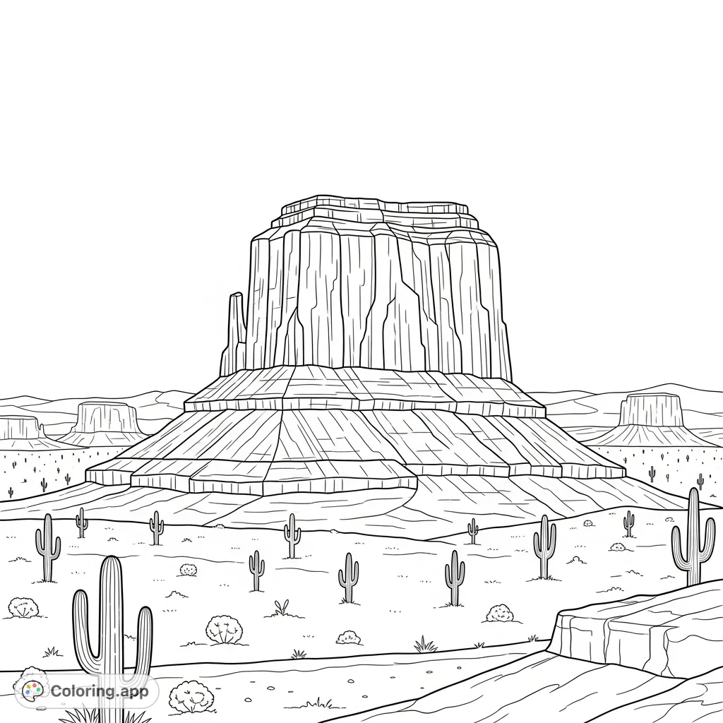 A striking desert butte with a bold geometric silhouette stands amidst a vast, serene desert landscape, featuring layered rock formations and sparse vegetation.