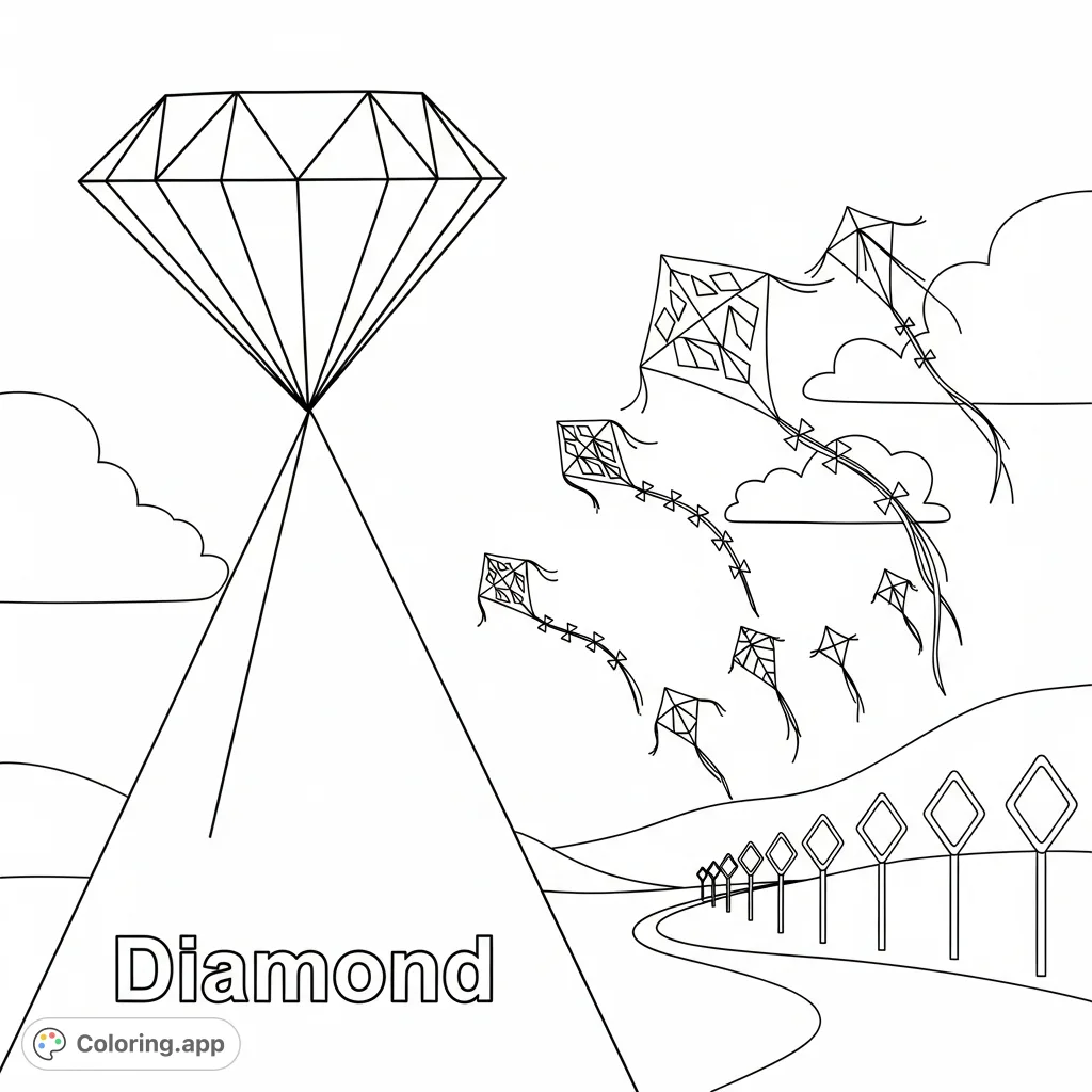 Explore a unique world of geometric shapes with an enormous 'Diamond' in the foreground, kites aloft with diamond patterns, and diamond road signs.