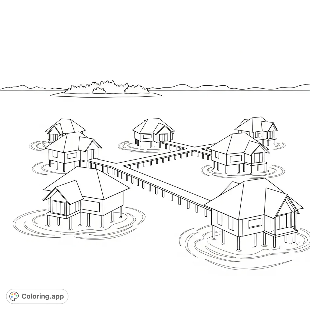 A tranquil lagoon scene featuring overwater bungalows designed with simple geometric shapes. A serene setting perfect for mindful coloring.