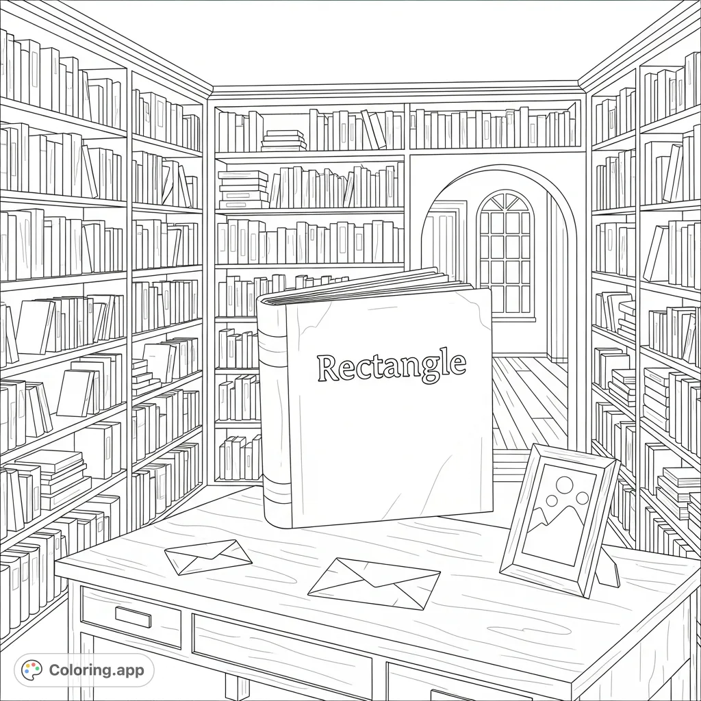 Explore a bustling library filled with diverse rectangular shapes. Discover an open book, shelves of volumes, a detailed desk, and an arched doorway.
