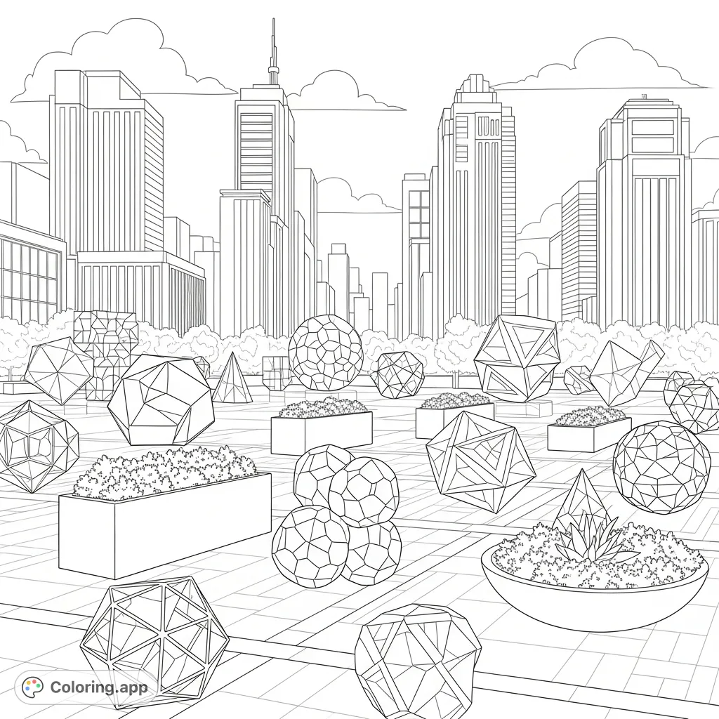 Geometric Plaza with City Towers - Coloring.app