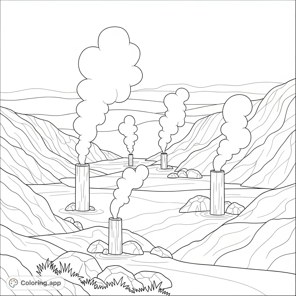 Explore a serene geothermal valley coloring page, featuring elegant steam vents rising from minimal rocky textures and sparse vegetation. A tranquil natural scene.
